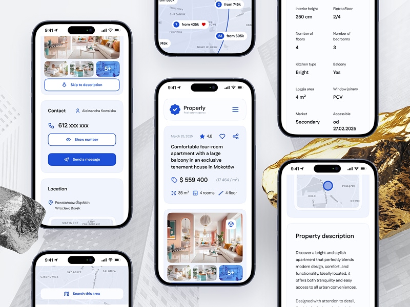 Widoki mobilne strony pośrednika nieruchomości