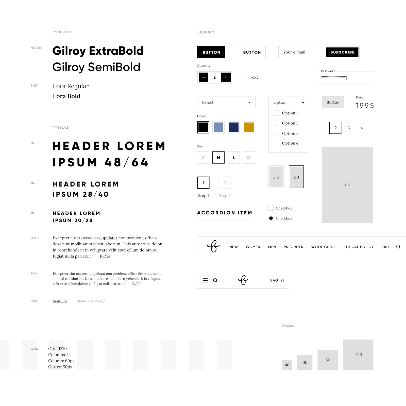 Elementy interfejsu sklepu internetowego. Typografia, grid, skala typograficzna, odstępy.