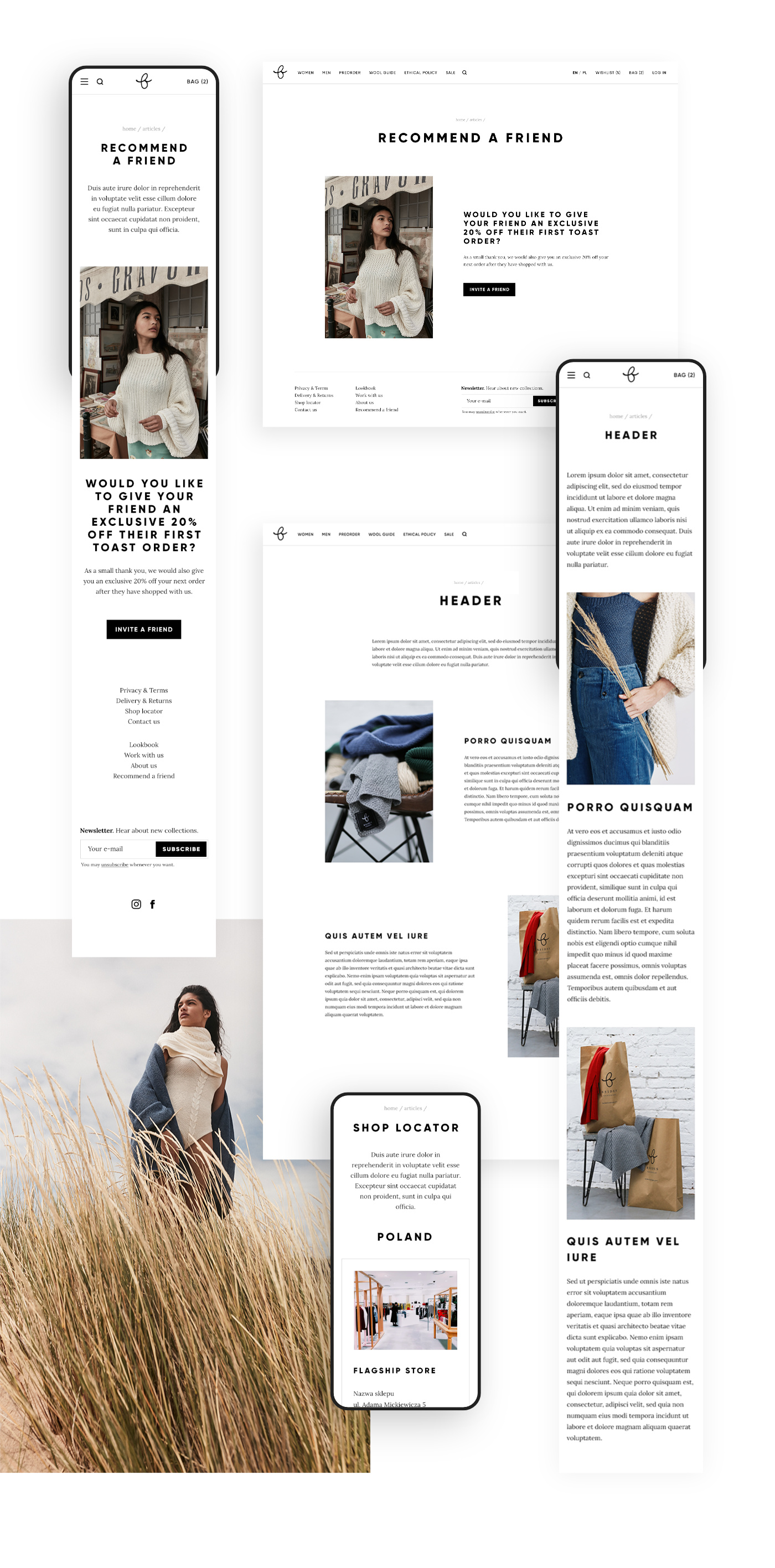 Strona artykułowa sklepu modowego. Wersja desktopowa i mobilna.