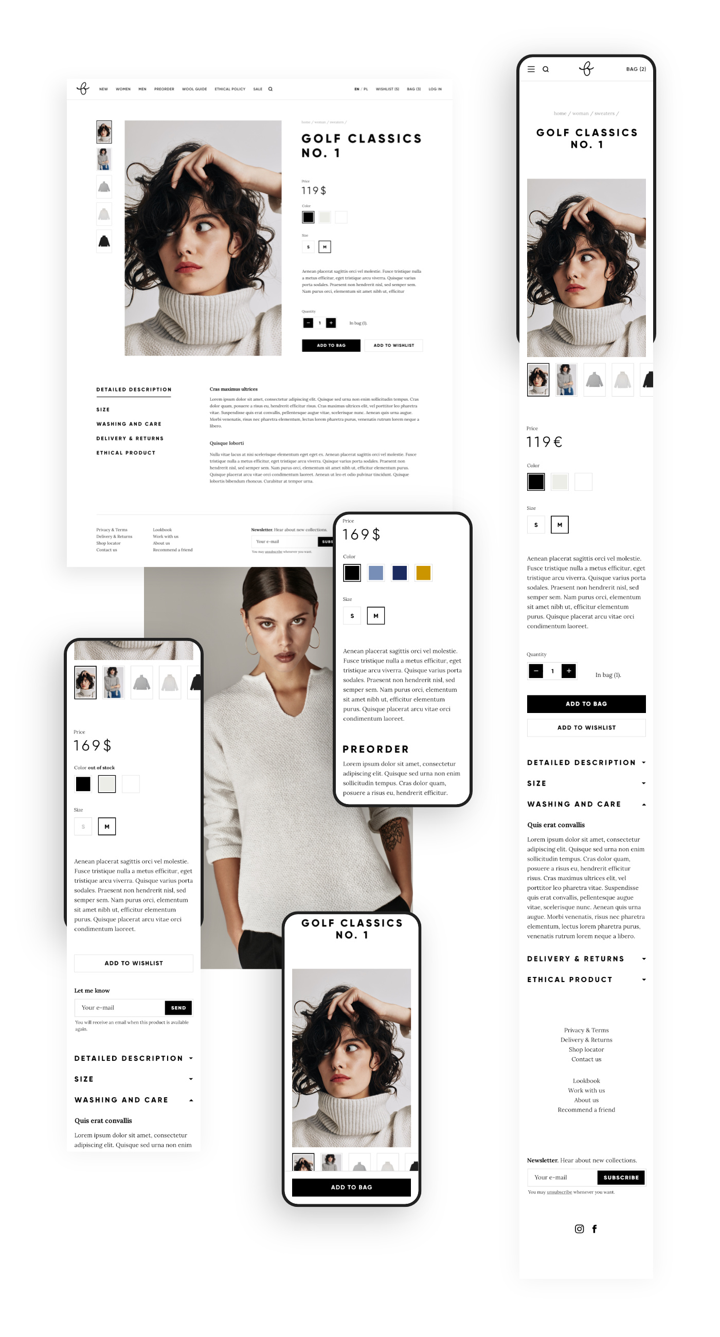 Strona produktowa sklepu modowego. Wersja desktopowa i mobilna.