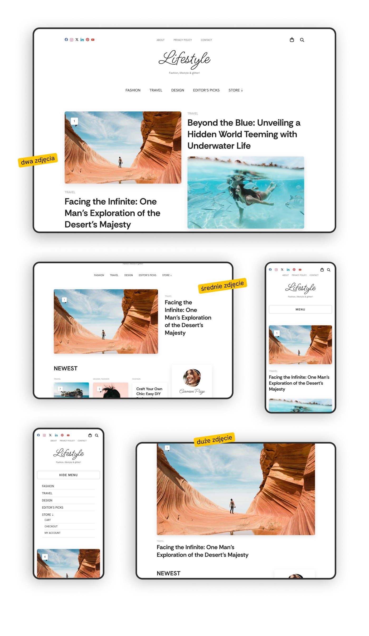 Projekt portalu internetowego - strona główna. Sekcje otwarciowe.