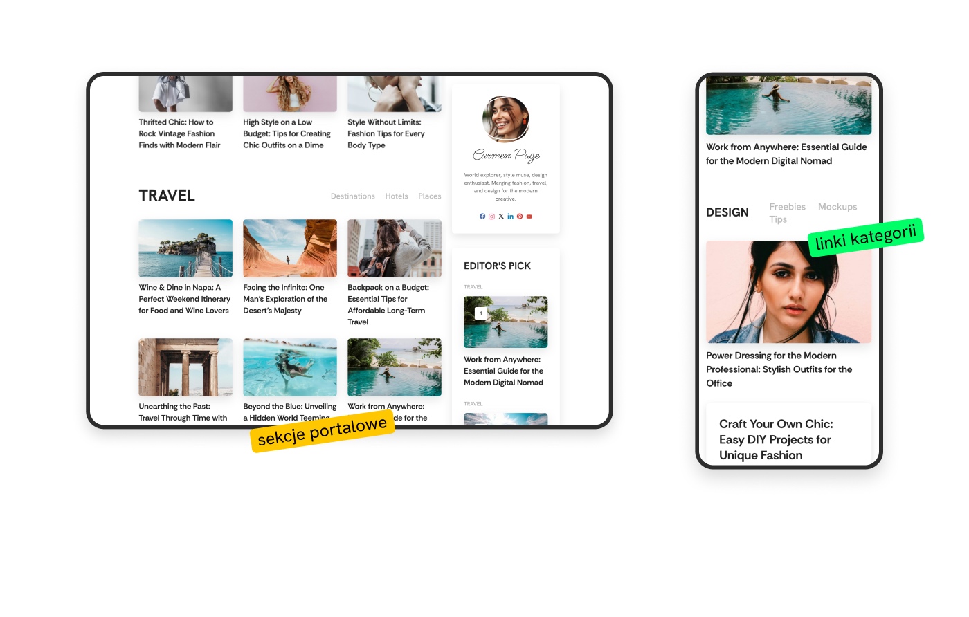 Portal internetowy - strona główna. Sekcje portalowe.