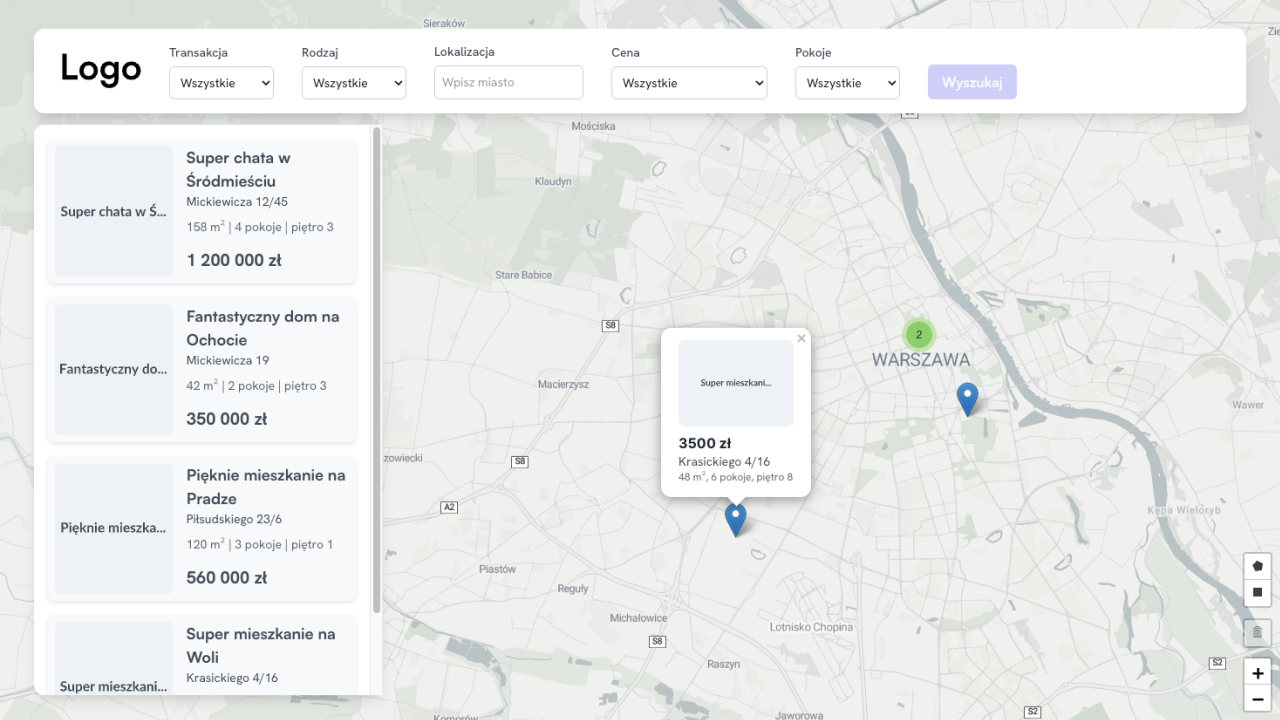 Interaktywna mapa z pinezkami dla pośrednika nieruchomości